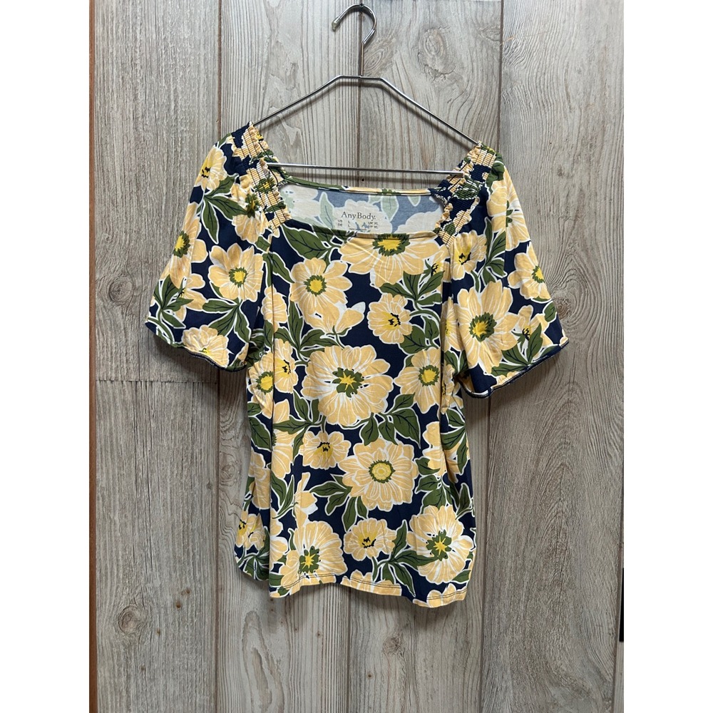 AnyBody Womens Floral Square Neck Smocked Shoulder Top Navy Yellow Size L - Picture 2 of 6